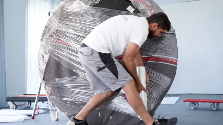 Benoha-Team verpackt ein rundes Möbelstück mit Decke und Stretchfolie